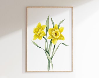 Daffodils Flower Wall Art Print, March Birth Month Flower, Watercolor Printable, Spring Flower Painting, Digital Download, Mother's Day Gift