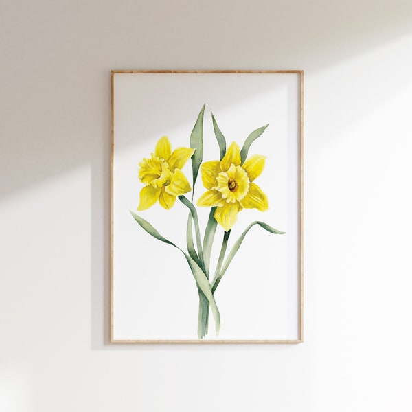 Daffodils Flower Wall Art Print, March Birth Month Flower, Watercolor Printable, Spring Flower Painting, Digital Download, Mother's Day Gift