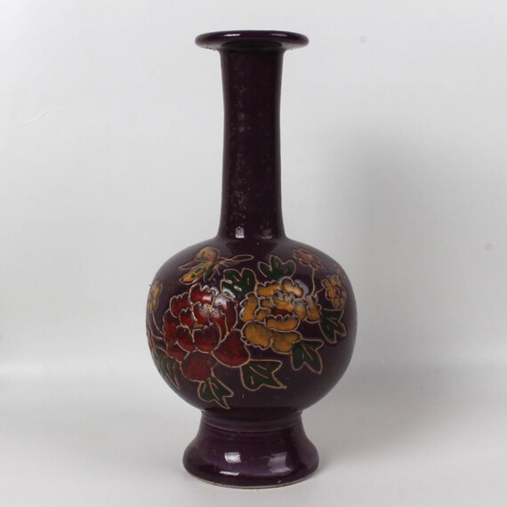 中国の民芸品、丁窯紫釉花文陶器花瓶 - Etsy 日本