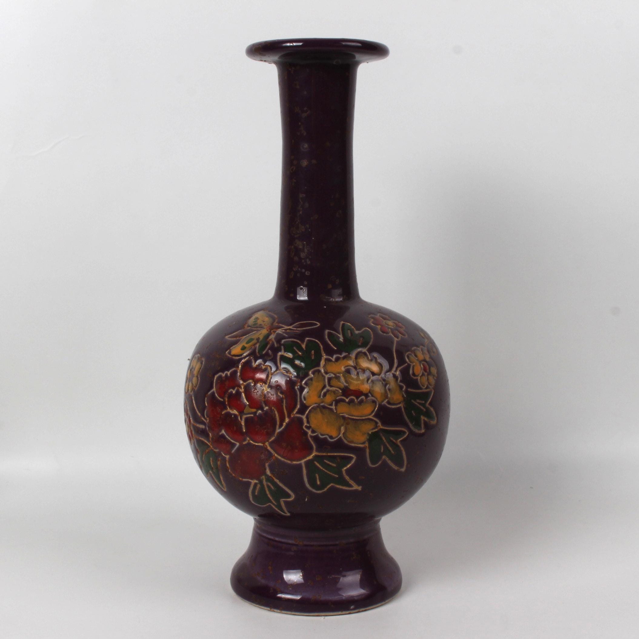 中国の民芸品、丁窯紫釉花文陶器花瓶 - Etsy 日本