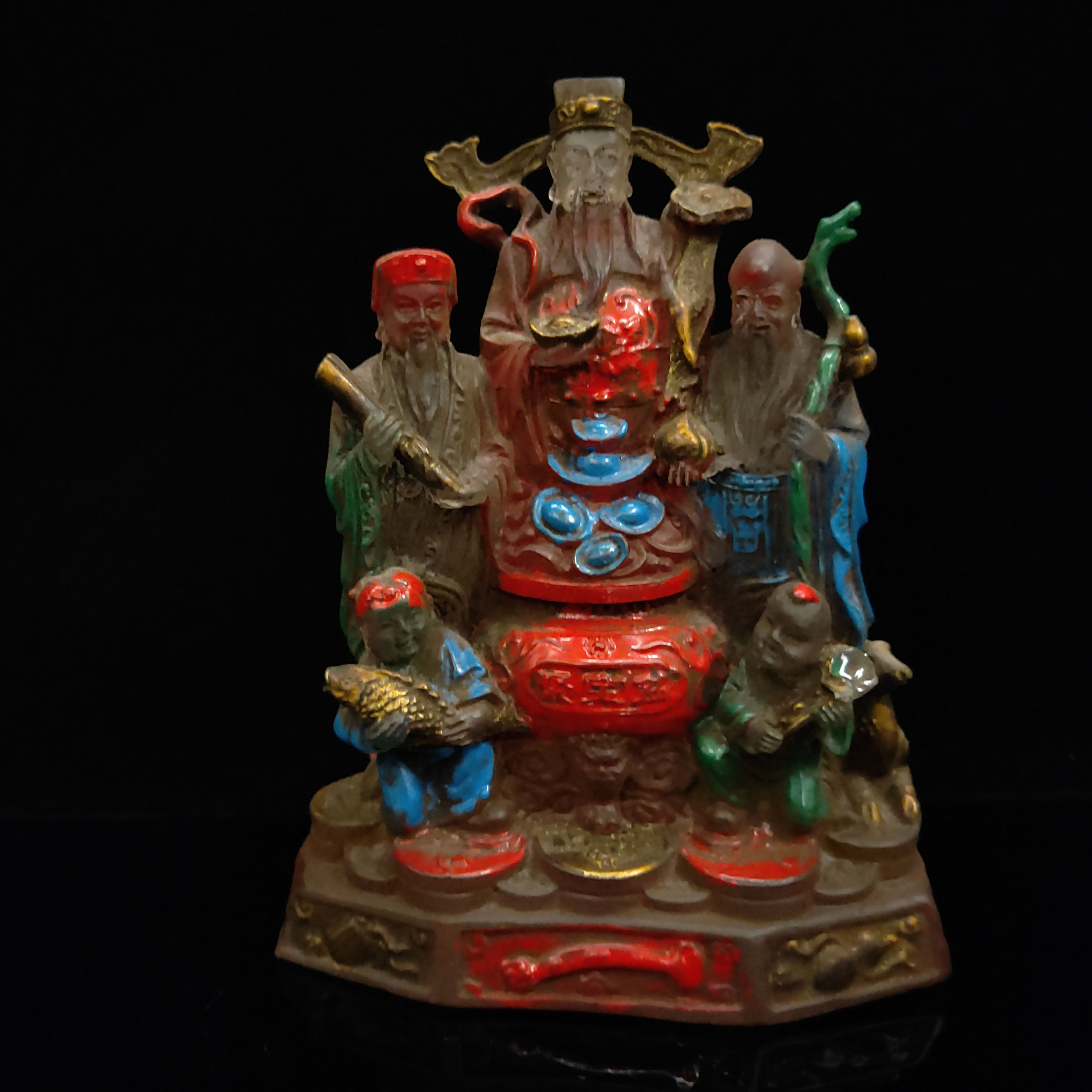 Chinees antiek handgesneden glas gekleurd geschilderd Fu Lu Shou Boeddhabeeld