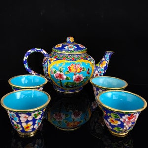 Chinese Antique Filigree Cloisonne Hand Drawn Floral Pattern Teapot Cup