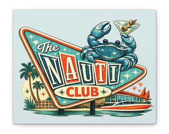 Retro Krabbe Wandkunst, Palm Springs Kunst, Küstenstrandhaus Dekor, Mitte des Jahrhunderts moderne Wanddekoration, Nauti Club Matte Leinwand, gespannt, 3,2 cm