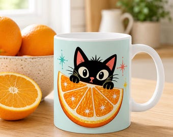 Schwarze Katze Becher, Orangenscheibe Becher, Retro Katzenkaffeebecher, Atomic Cat Becher, Mid Century Modern Becher, Zitrusliebhaber Geschenk 11oz