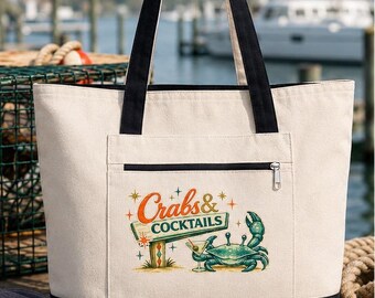 Retro Crab Canvas Strand Einkaufstasche | Küsten Strand Tote | Blaue Krabbe Tasche | Maritime Tasche Strand Urlaub Tasche
