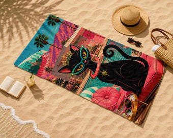 Retro Schwarze Katze Strandtuch | Mitte des Jahrhunderts moderner Palm Springs-Resort-Stil