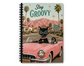 Retro Atomic Cat Notizbuch | Bleib Groovy Notizbuch | Retro Katze Notizbuch | Mid Century Modern Katzenliebhaber Geschenk | Liniertes Lineal Journal