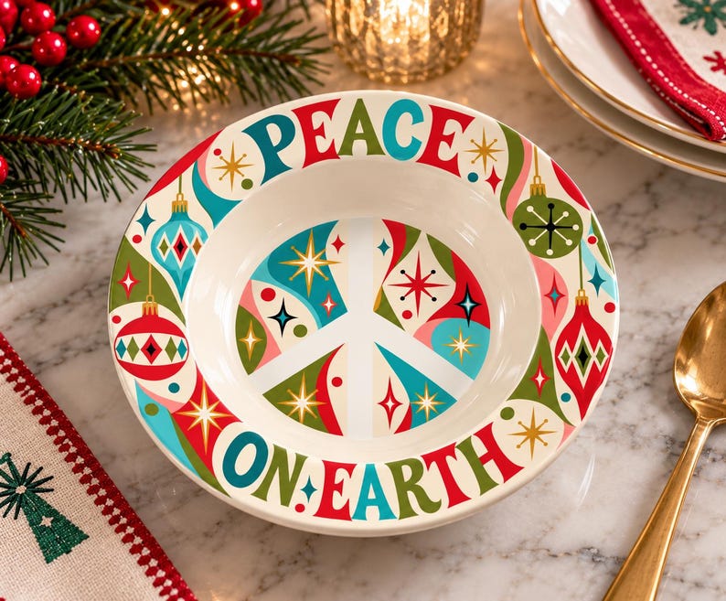 Center Peace Tile Peace on Earth Retro Christmas Peace Sign Bowl | 8.5 Inch Bowl | Atomic ...