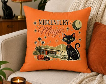 Dekokissen Kunstleder | Midcentury Zauberhafte Atomic Katze | Mid Century Retro Halloween Dekor