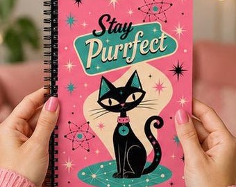 Retro Katze Spiralnotizbuch | Bleib Purrfect Journal | Mid Century Modern Katzenliebhaber Geschenk | Atomic Cat Liniertes Notizbuch