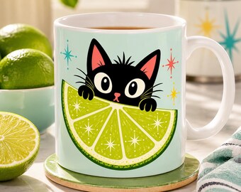 Retro Katzenbecher, Lime Kaffeebecher, atomare schwarze Katze Tasse, Mitte des Jahrhunderts moderne Zitrusbecher, süßes Kätzchen Geschenk, Keramikbecher mit 11 Unzen