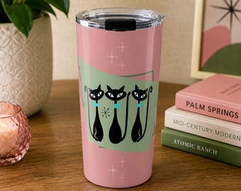 Mid Century Modern Katzenbecher, Retro schwarze Katze Reisebecher, Atomic Cat Kaffeebecher, rosa MCM Katzentasse, Katzenmama Geschenk
