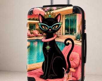 Retro Cat Suitcase | Palm Springs Black Cat Luggage | Mid Century Modern Pink Carry On | Small Medium Large Spinner
