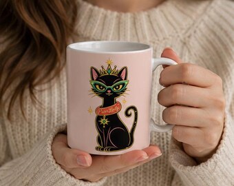 Mug chat rétro, tasse à café en céramique rose moderne du milieu du siècle