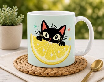 Retro schwarze Katze Zitronen-Tasse, süße Sommer Katze Kaffeetasse, Mitte des Jahrhunderts moderne Küchen Dekor, Atomic Cat Lover Geschenk, Zitruskatze Keramikbecher 11 Unze
