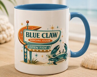 Retro Krabbe Tasse | Blaue Klauen Social Club, Mid Century Strandhaus Kaffeetasse