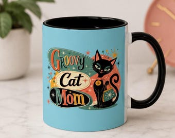 Groovy Katzenmutter Becher, Atomic Cat Becher, Retro schwarze Katze Kaffeetasse, Mitte des Jahrhunderts moderne Katzenliebhaber Geschenk, 11 Unze Akzent Becher