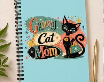 Katzen Mama Spiralnotizbuch | Groovy Cat Mom Journal | Retro Atomic Cat Notizbuch | Mid Century Katzen Liebhaber Geschenk