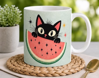 Retro Wassermelone Katzenbecher, Vintage Sommer Katzenkaffeebecher, Mitte des Jahrhunderts moderne Küche Geschenk, süße schwarze Katze Becher, Katzenliebhaber Geschenk 11 Unze