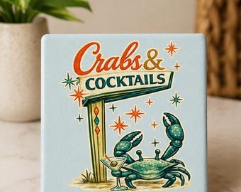 Retro Krabbe Keramik Untersetzer | Mid Century moderne Strandbar Dekor Krabben und Cocktails