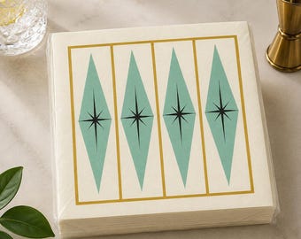 Retro Atomic Starburst Napkins, MCM Ecru Diamond Table Decor (Set of 50)