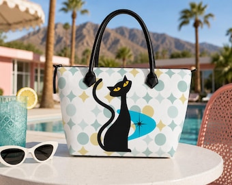Retro Atomic Cat Zip Top Handtasche | Mid Century moderne schwarze Katze Geldbörse | Vintage 1950er Jahre Umhängetasche | Katzenliebhaber Geschenk