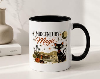 Retro atomare schwarze Katzen-Halloween-Tasse, moderne Palm Springs-Kaffeetasse der Mitte des Jahrhunderts