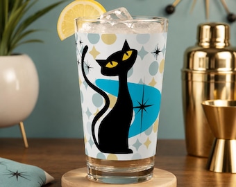 Retro Atomic Cat Pint Glas, Mitte des Jahrhunderts modernes Cocktailglas, Vintage schwarze Katze Bierglas, 16 oz Mischglas, Katzenliebhaber Barware Geschenk