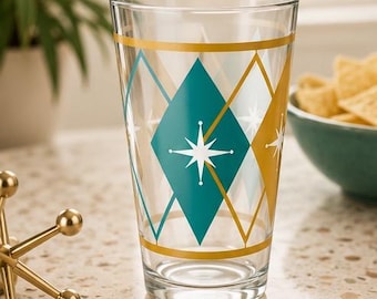 Verre à pinte Atomic Diamond, Accessoires de bar en or bleu sarcelle moderne du milieu du siècle, Verre à cocktail 16 oz