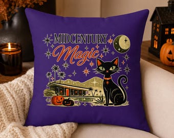 Kunst-Veloursleder-Kissen | Atomarer Katzen-Halloween-Dekor, magisches Akzent-Kissen der Mitte des Jahrhunderts