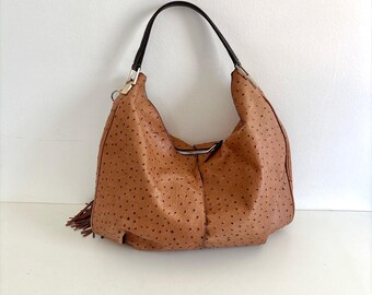 G.I.L.I - Roma 2 Ostrich-Embossed Genuine Italian Leather Large Hobo bag