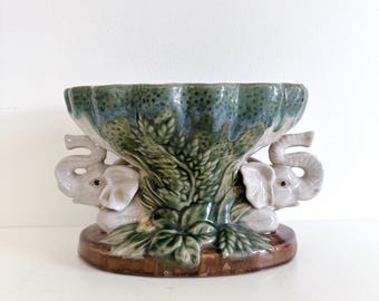 Vintage ITALIAN MAJOLICA Lucky Double ELEPHANTS Pedestal Centerpiece Fruit Bowl