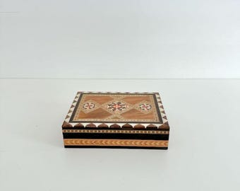 Vintage Wooden MOSAIC INLAY BRIDGE Playing Card Box Set