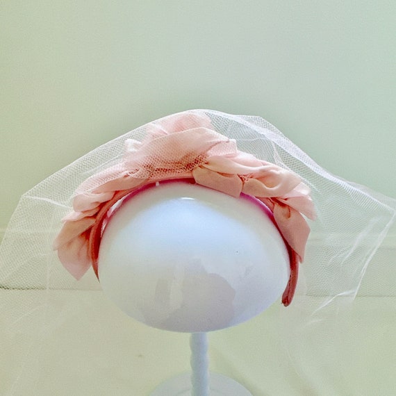 VINTAGE PINK HEADBAND W/ Tulle Veil - Bridal Chur… - image 9