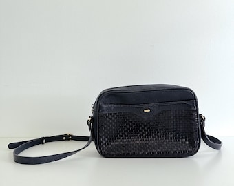 VINTAGE BALLY Black Woven LEATHER Crossbody Bag Gold-Tone Hardware Adjustable