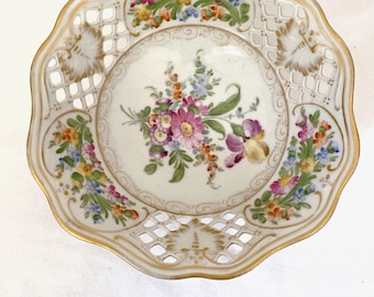 DRESDEN Donath & Co RETICULATED Floral FOOTED Compote Bowl 6.5" Wide Gold Trim