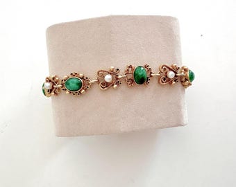 Vintage Florenza Faux Jade and Seed Pearl Filigree Link Bracelet