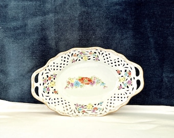 ANTIQUE SCHUMAN Bavaria DRESDEN Oval Bowl W Handles Reticulated Rim Circa 1920S