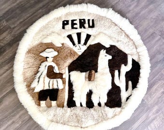 Vintage Hand-Stitched PERUVIAN RUG Llama Alpaca Fur Andean Landscape 56"