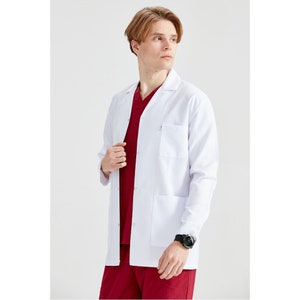 Men&#39;s Medical White Lab Coat, Doctor Dentist Surgeon Pharmacist Therapist Medical Uniform, MOODA026