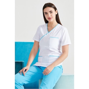 Trimmed White Scrub Set, Nurse Scrub with Trim, Medical Scrub, Women&#39;s Scrub Set, Scrub Uniform, Nurse Dress, Medical Uniform, MOODA245