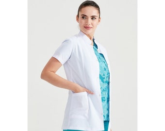 Women's Medical White Short Sleeve Lab Coat, Doctor Dentist Surgeon Pharmacist Therapist Medical Uniform, MOODA046