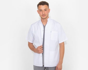 Men's Medical White Lab Coat, Doctor Dentist Surgeon Pharmacist Therapist Medical Uniform, MOODA006-2
