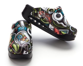 Women&#39;s Stethoscope Patterned Air-Max Orthopedic Comfortable Hospital Medical Nurse Clogs, Dentist Nurse Doctor Gift, MOODA0013
