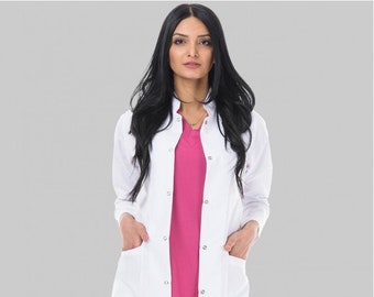 Women's Medical White Lab Coat, Doctor Dentist Surgeon Pharmacist Therapist Medical Uniform, MOODA116
