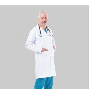 Men&#39;s Long Sleeves Medical White Lab Coat, Doctor Dentist Surgeon Pharmacist Therapist Medical Uniform, MOODA076-2