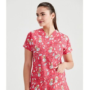Unisex Teddy Bear Patterned Dental Scrub Top Only, V Neck Nurse Scrub Top, Scrub Uniform, Nurse Dress, Dental Uniform, MOODA332