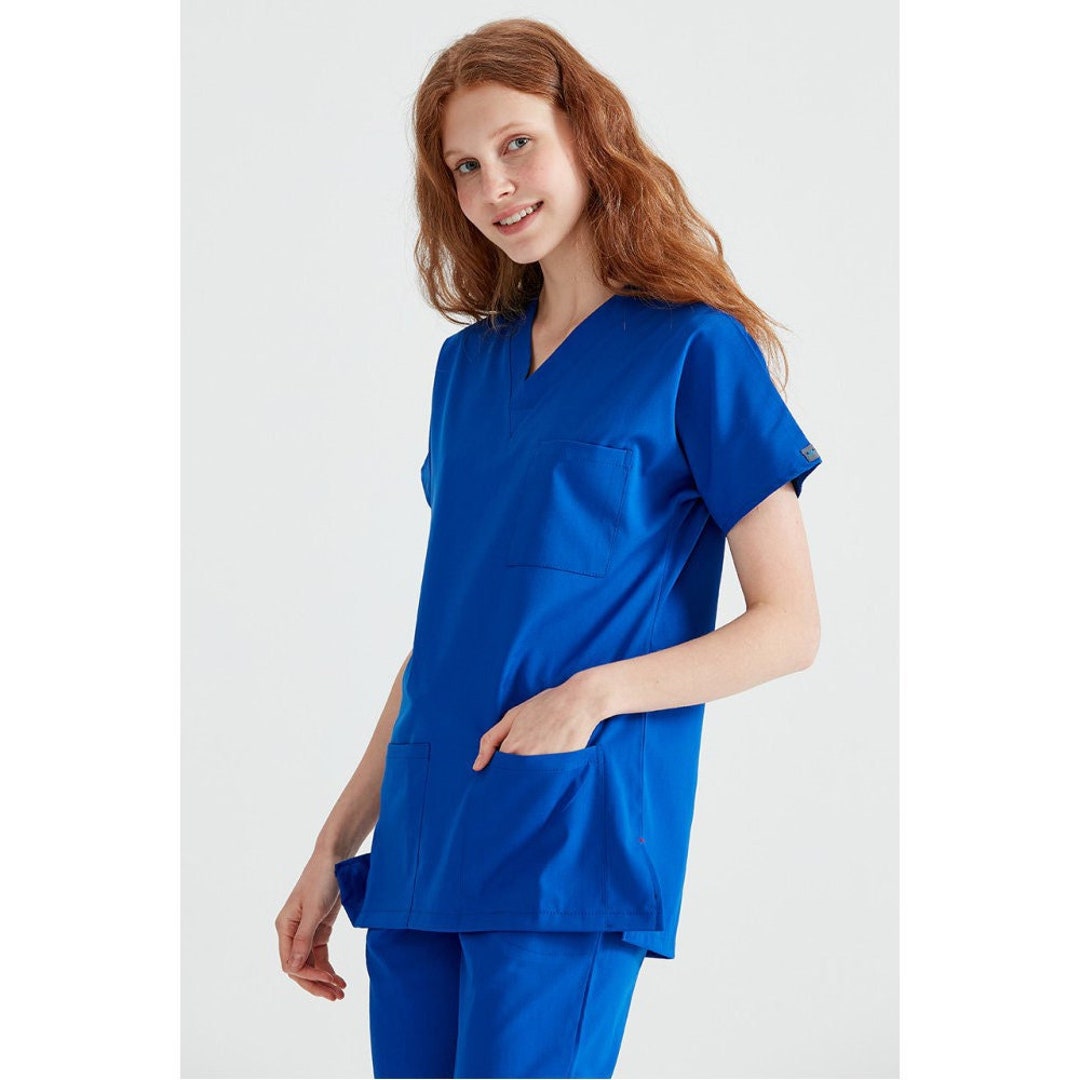 Solo camice blu Sax, camice da infermiera con scollo a V, uniforme