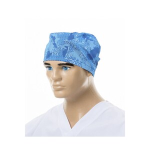 May include: A blue surgical scrub cap featuring a repeating pattern of text and shapes. The cap is worn by a mannequin with blue eyes and a white scrub top. The cap's design incorporates various shades of blue.
