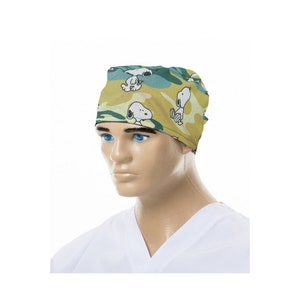 Snoopy Camouflage Patterned Scrub Hat, Nurse Medical Cap, Surgery Dental Scrub Cap, Custom Scrub Hat, Veterinary Hat, Doctor Cap, CB-AIF-18